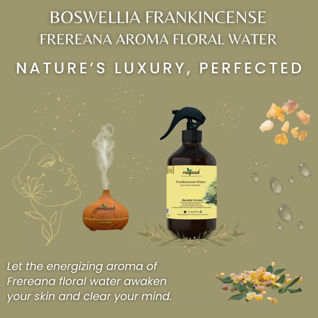 Frankincense essential oil bottle with benefits listed: relaxation, skin support, meditation, breathing, and mental clarity.