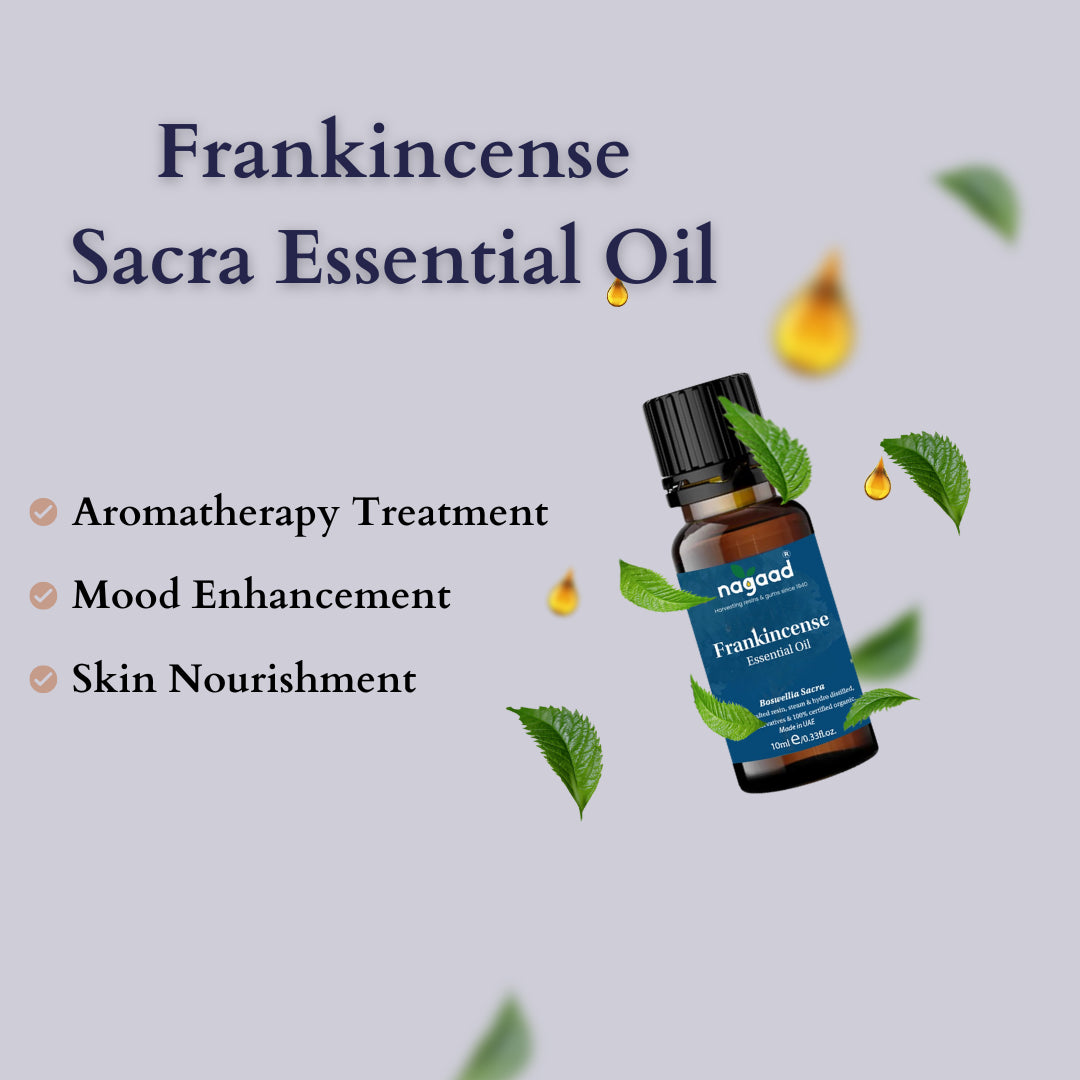 Frankincense essential oil bottle and diffuser with text overlay on a blurred background.